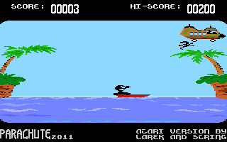 Parachute 2011 (Atari 8-bit) screenshot: Paratrooper jump from the helicopter