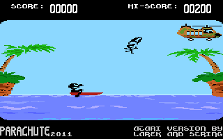 Parachute 2011 (Atari 8-bit) screenshot: Catching the paratrooper