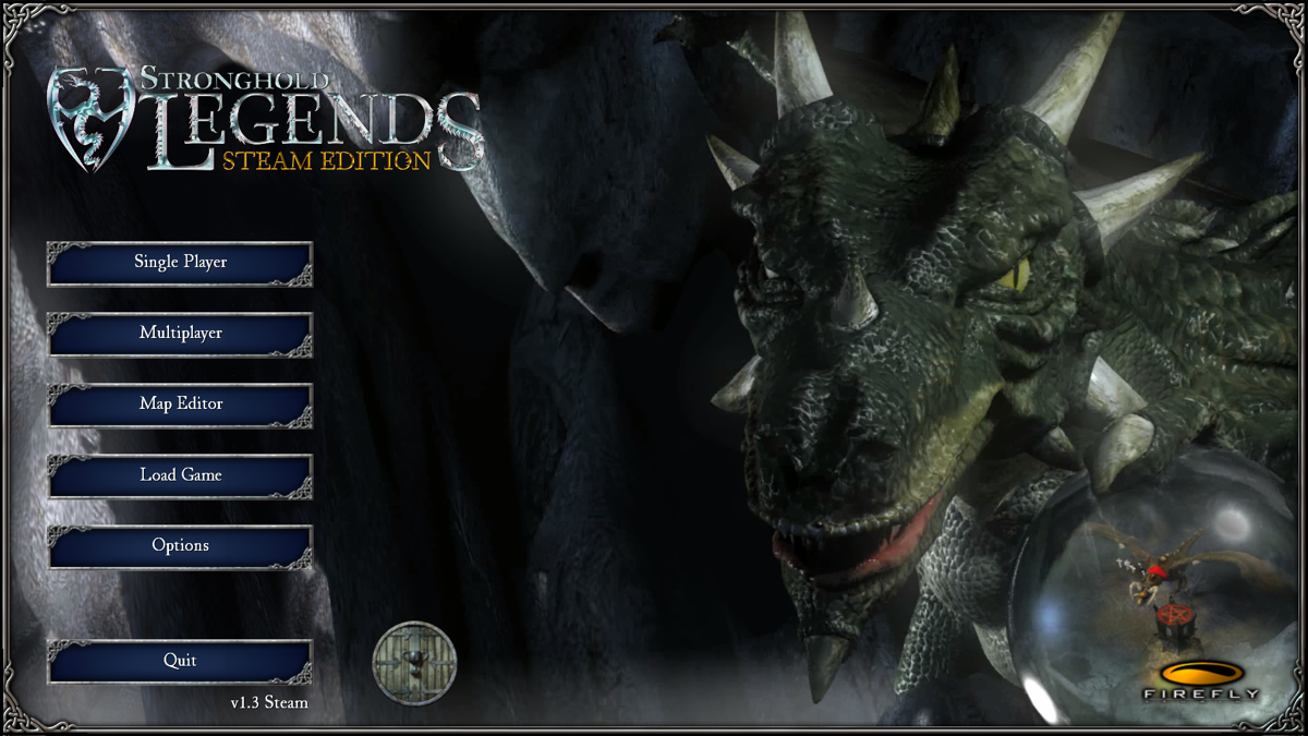 Stronghold Legends: Steam Edition (Windows) screenshot: The main menu, showing the altered logo and bumped version number