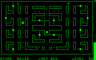 LadyBug (Commodore PET/CBM) screenshot: Caught by an enemy, turning you into an inverted "X"
