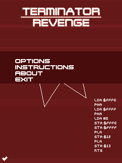 Terminator Revenge (J2ME) screenshot: Title screen with options.