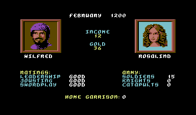 Defender of the Crown (Commodore 64) screenshot: You, your stats, and your girl.