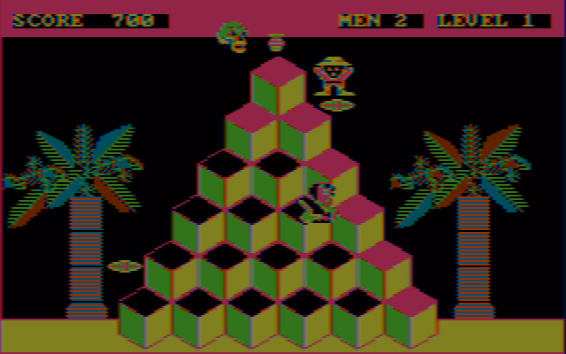 Tut-Busters (DOS) screenshot: Taking the magic carpet upstairs to the urn. (CGA w/composite monitor)