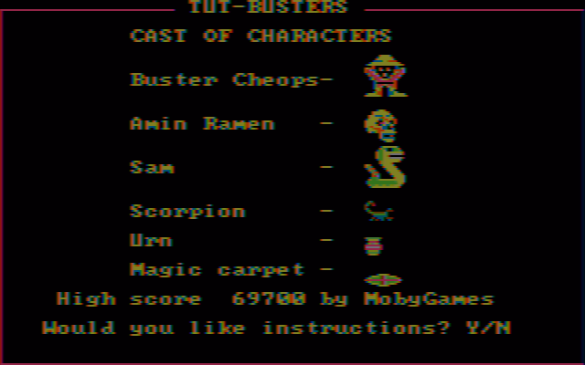 Tut-Busters (DOS) screenshot: Cast of characters (CGA w/composite monitor)