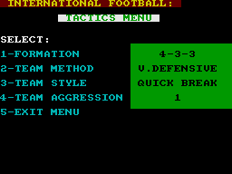 International Football (ZX Spectrum) screenshot: Tactics Menu