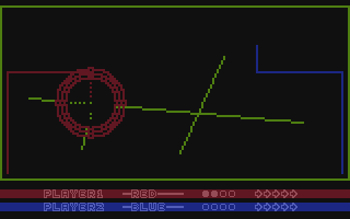 Line Kiler (Atari 8-bit) screenshot: Red hit obstacle