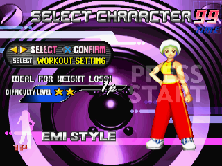 Dancing Stage Euromix (PlayStation) screenshot: After choosing the workout settings, you must select your girl character based on the workout difficulty level.