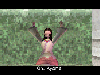 Tenchu: Stealth Assassins (PlayStation) screenshot: Lord Gohda's unique daughter, the princess Kiku is happy with Ayame.