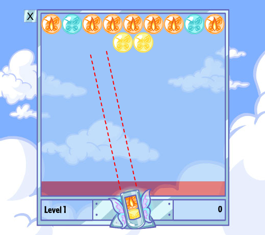 Faerie Bubbles (Browser) screenshot: First level. We get a bit of help in the form of guiding lines.