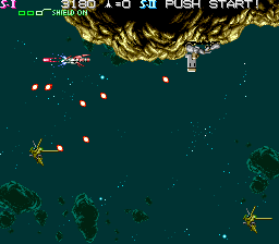 Strato Fighter (Arcade) screenshot: Ground upside-down cannon