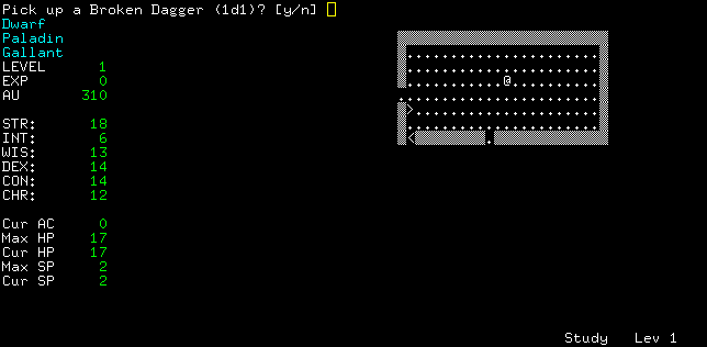 Angband (Windows) screenshot: In the dungeons. Found a broken dagger. Pick it up?