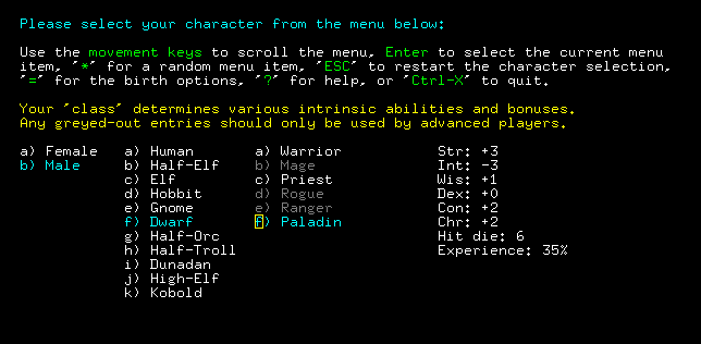 Angband (Windows) screenshot: Character creation