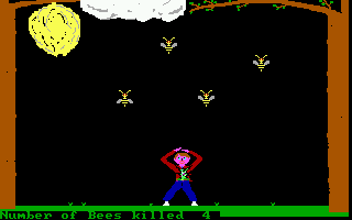 Killer Bees (DOS) screenshot: There's no quit key, but you can always shoot the guy in the chest and get it over with.
