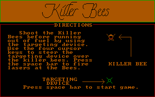 PC-Fun (DOS) screenshot: Killer Bees: title and instructions