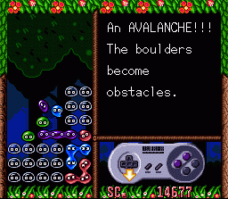 Kirby's Avalanche (SNES) screenshot: Demo with instructions on how to play the game