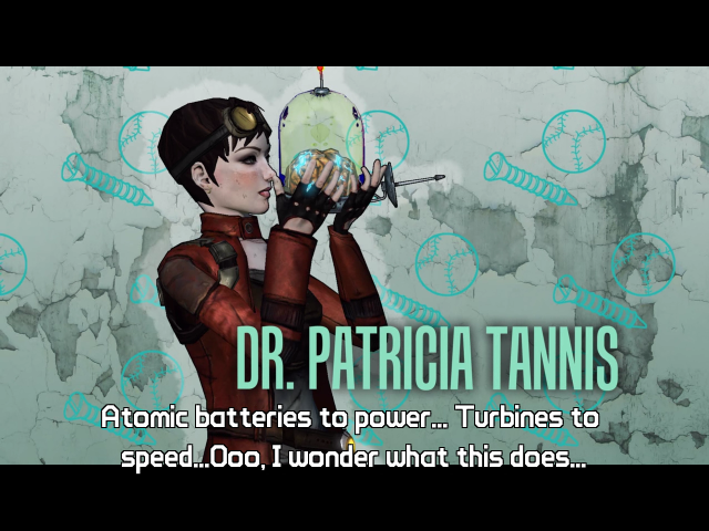 Borderlands: Claptrap's New Robot Revolution (Windows) screenshot: Tannis the scientist reappears in this add-on, with several fetch-missions. She is building something that needs parts from the robots.