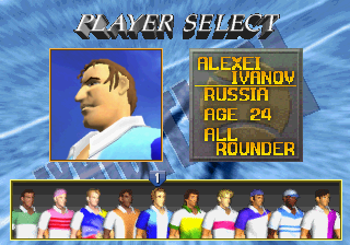 Virtual Open Tennis (SEGA Saturn) screenshot: Choose a player out of 10 players from different corners of the world.