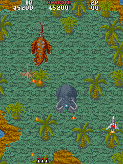Asuka & Asuka (Arcade) screenshot: Firing mastodon