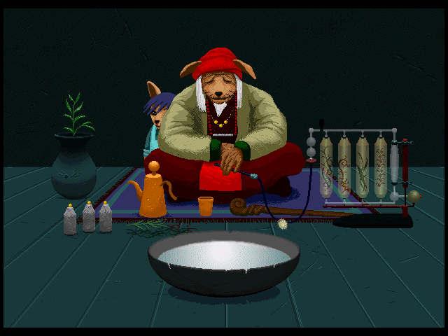 Putlestory (Windows 3.x) screenshot: Having made our way inside, we come across two characters: a young child and an old man. The old man gracefully gives us a drink that lets us understand their language.