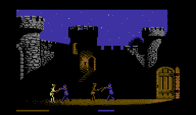 Defender of the Crown (Commodore 64) screenshot: You'll need some fancy sword work here.