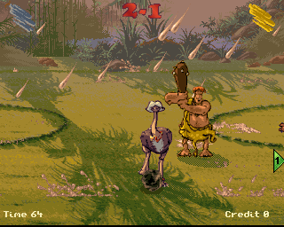 Stone Ball (Arcade) screenshot: Come back here ostrich with my ball!