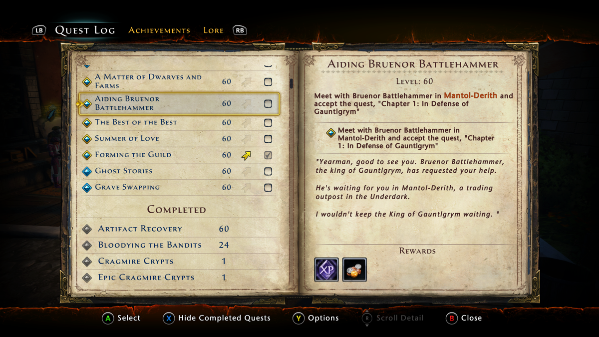 Neverwinter (Xbox One) screenshot: The journal keeps track of your quests and achievements.