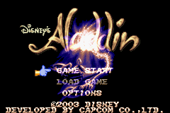 Disney's Aladdin (Game Boy Advance) screenshot: Title screen with main menu.