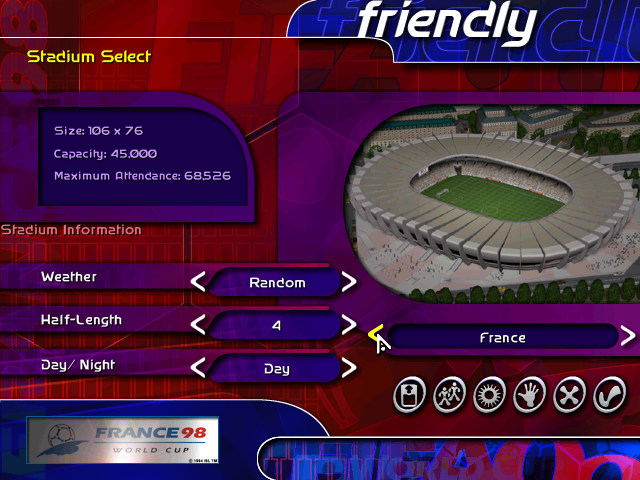 FIFA: Road to World Cup 98 (Windows) screenshot: Real-world stadia, one per each featured country, had not only (CG) aerial views...