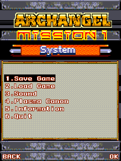 Arch Angel (J2ME) screenshot: Main menu
