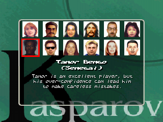 Virtual Kasparov (PlayStation) screenshot: Personalities... Dude from Senegal... Over-confidence can lead him to make careless mistakes.