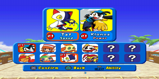 Klonoa Beach Volleyball (PlayStation) screenshot: I choose Tat and Klonoa.