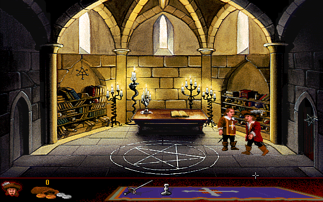 Touché: The Adventures of the Fifth Musketeer (DOS) screenshot: De Peuple's secret magic room. I imagined it as more colorful, but it's interesting anyway.