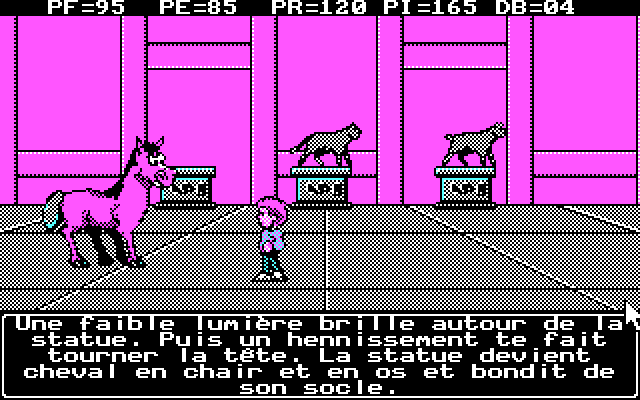 Le Labyrinthe de Morphintax (DOS) screenshot: One of the statues changes into a real horse