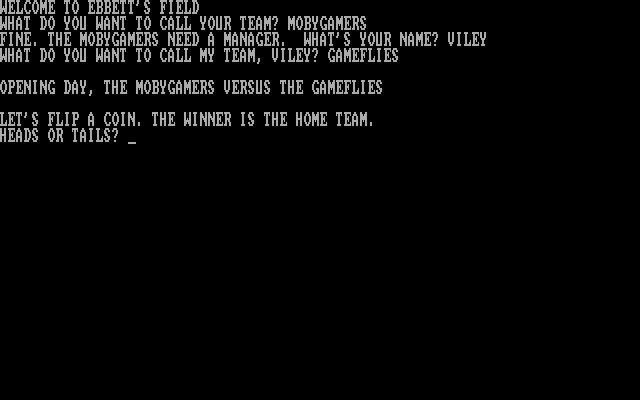 Baseball (DOS) screenshot: Naming teams, flipping coins