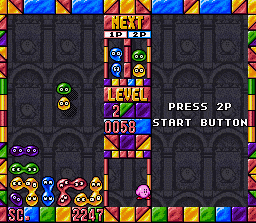 Kirby's Avalanche (SNES) screenshot: In the practice mode you play alone. Bubbles of the same color will stick together, a group of 4 or more will explode and disappear.