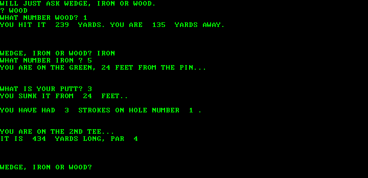 Golf (DOS) screenshot: First hole completed in 3 strokes.