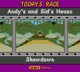 Disney•Pixar Toy Story Racer (Game Boy Color) screenshot: Today's race. Andy's and Sid's House. Showdown.