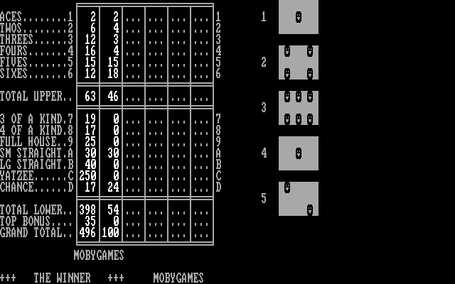 Yahtzee (DOS) screenshot: Final scores: the computer has been soundly whooped.
