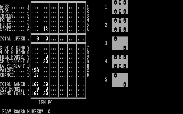 Yahtzee (DOS) screenshot: IBM PC rolls