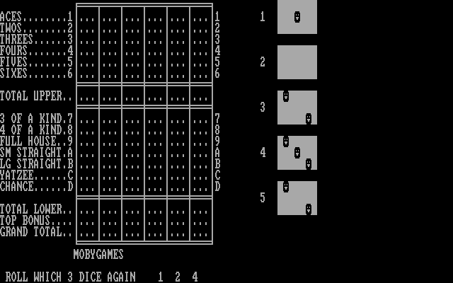 Yahtzee (DOS) screenshot: Which dice to roll again?