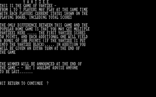 Yahtzee (DOS) screenshot: Some instructions (with a slight error: only 5 players are supported).