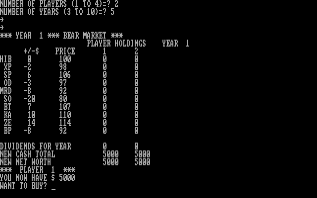 Black Friday (DOS) screenshot: Year 1 starts with a bear market.