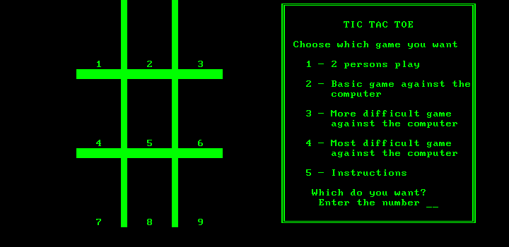 Tic Tac Toe (DOS) screenshot: Main menu