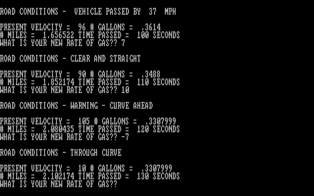 Road Rally (DOS) screenshot: Remember to brake for curves...