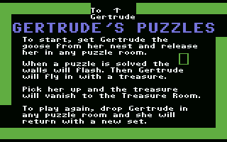 Gertrude's Puzzles (Commodore 64) screenshot: Enough practicing - let's get Gertrude.