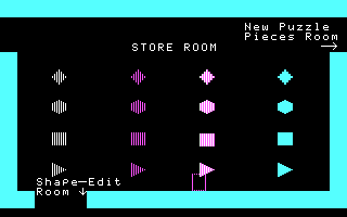 Gertrude's Puzzles (DOS) screenshot: Puzzle pieces for all! (CGA w/RGB monitor)