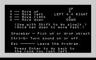 Gertrude's Puzzles (DOS) screenshot: A helpful list of keyboard commands. (CGA w/RGB monitor)