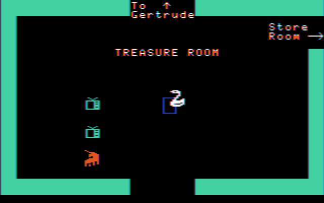 Gertrude's Puzzles (DOS) screenshot: Two TVs and a unicorn! You've nailed my wish list. (CGA w/composite monitor)