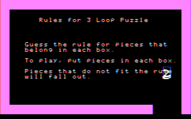 Gertrude's Puzzles (DOS) screenshot: Reading the rules for the 3 Loop Puzzle (CGA w/composite monitor)