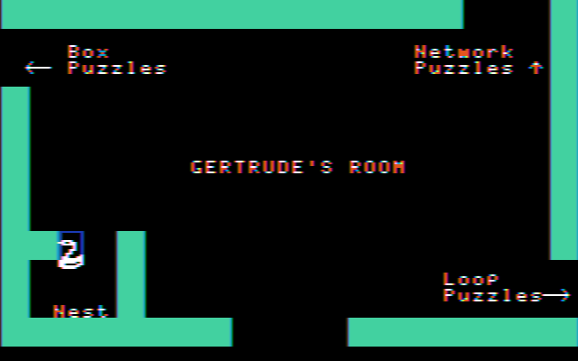 Gertrude's Puzzles (DOS) screenshot: Picking up Gertrude (CGA w/composite monitor)
